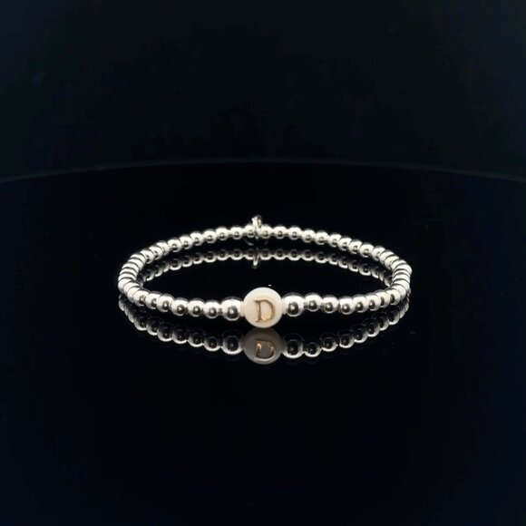 925 Sterling Silver Beaded Stretch Stacking Bracelet MOP Letter Initial D - Picture 1 of 5
